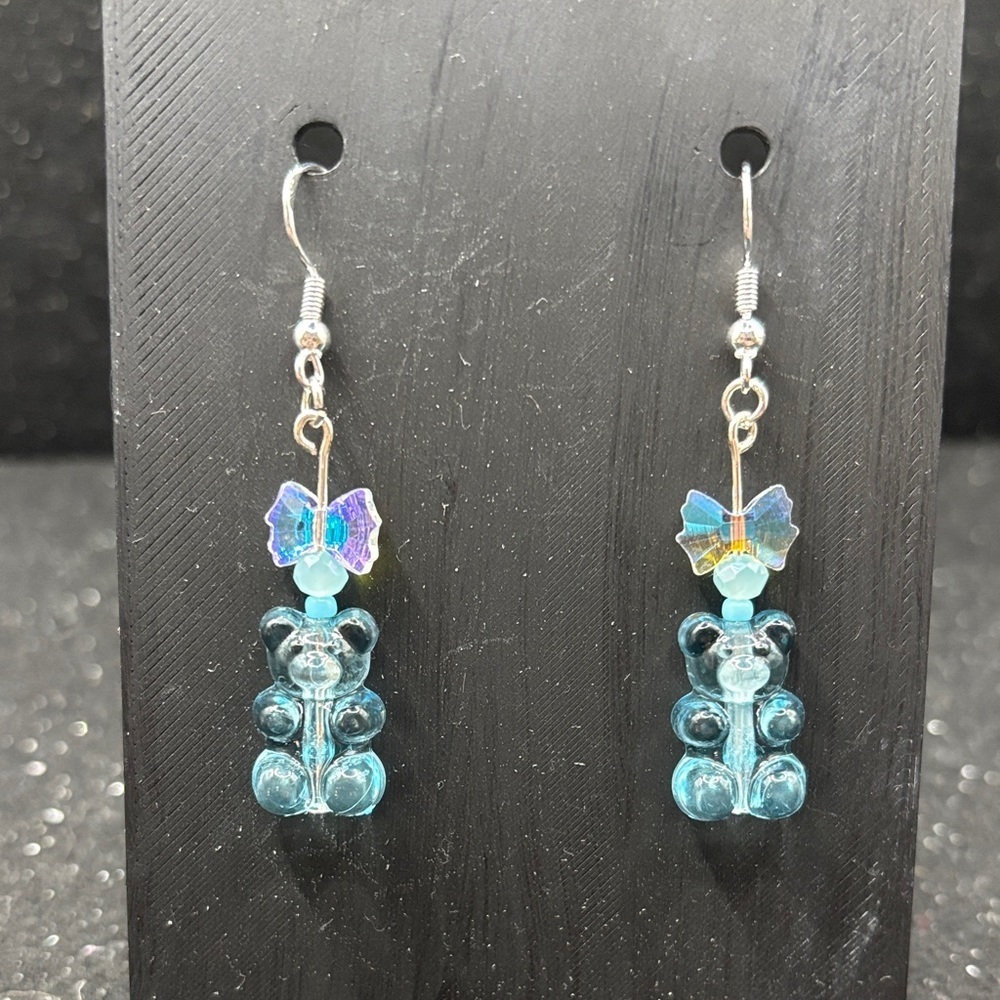 Blue Gummy Bear Earrings with Iridescent Crystal Bow